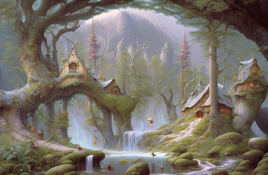 Enchanting forest with whimsical treehouses and waterfall