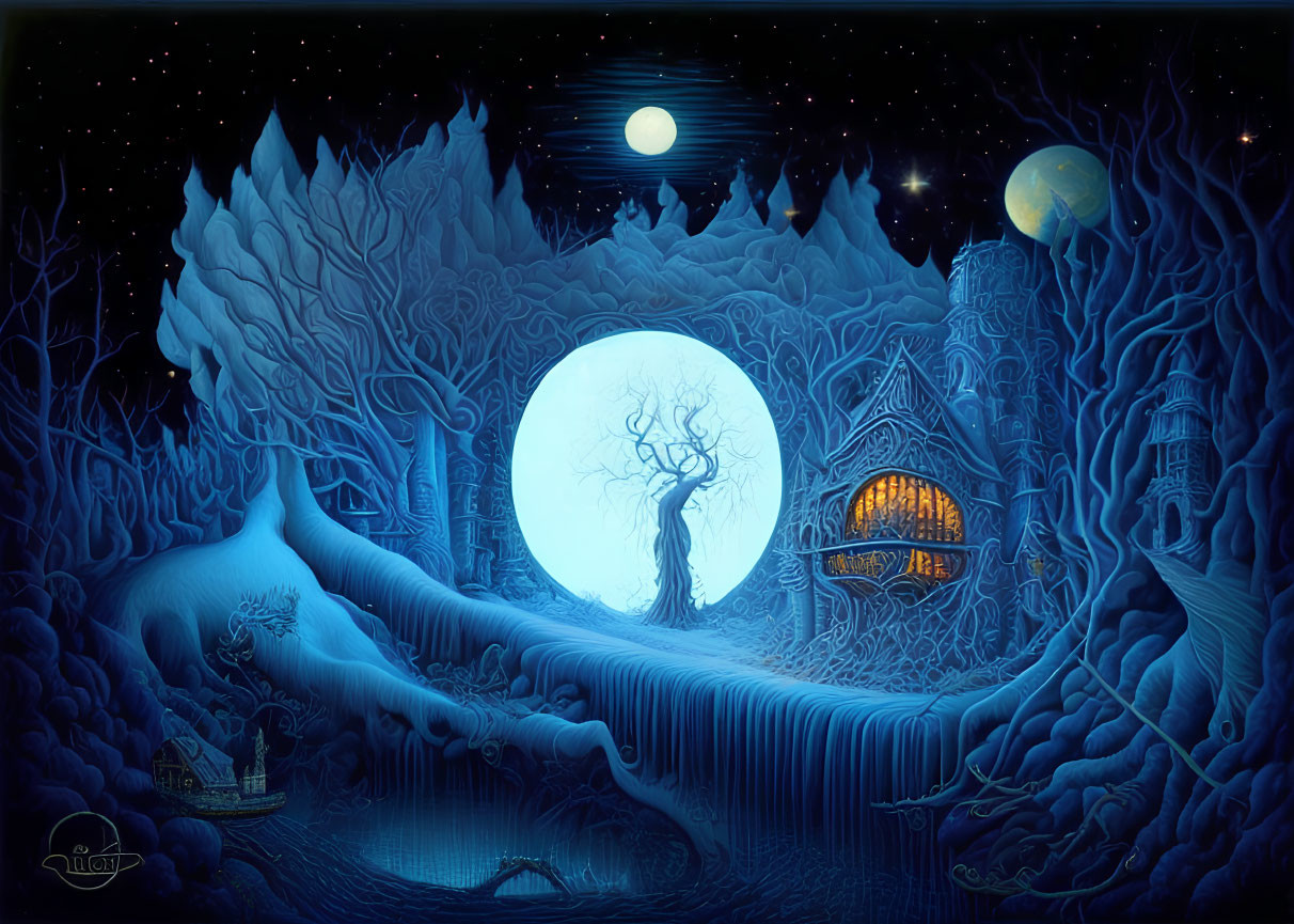 Mystical blue-toned forest scene with full moon, glowing gate, stars, bare tree,