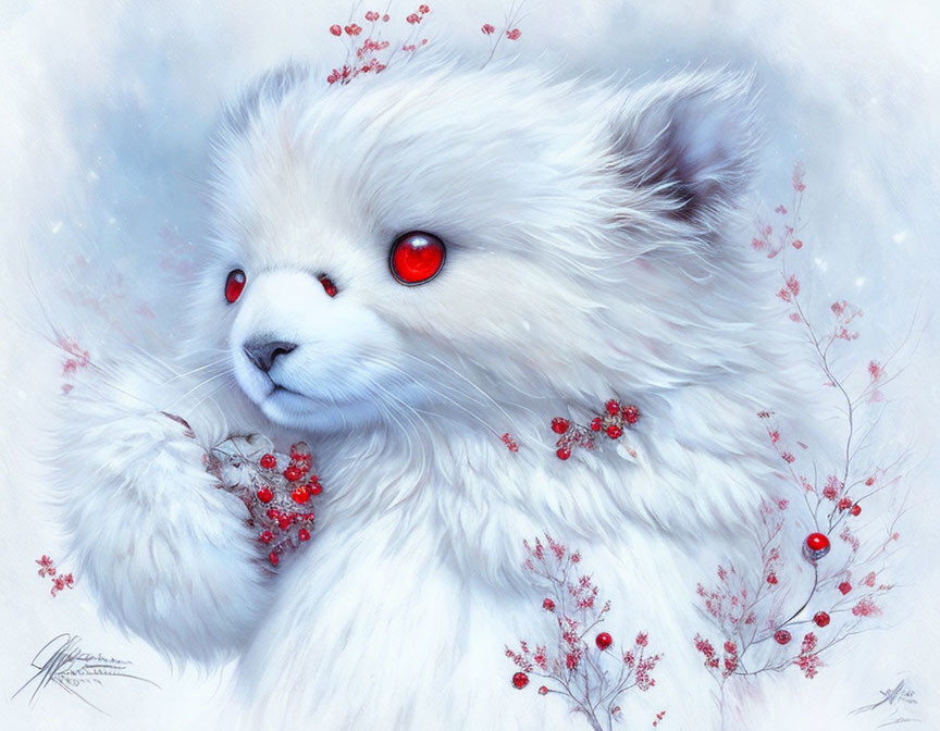 Fluffy white fantasy creature with red eyes and flowers on snowy backdrop