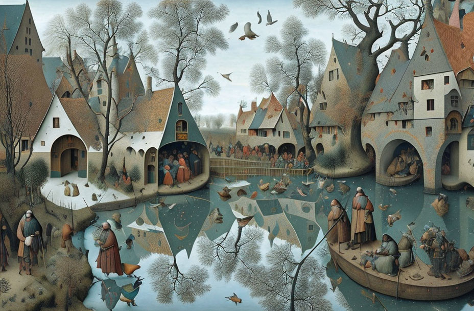 Detailed Medieval Village Scene with Townspeople and Nature