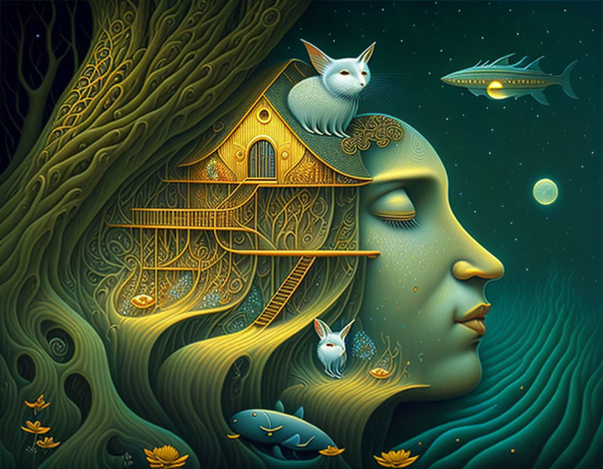 Surreal illustration blending face with landscape, treehouse, cats, ship, fish, leaves,