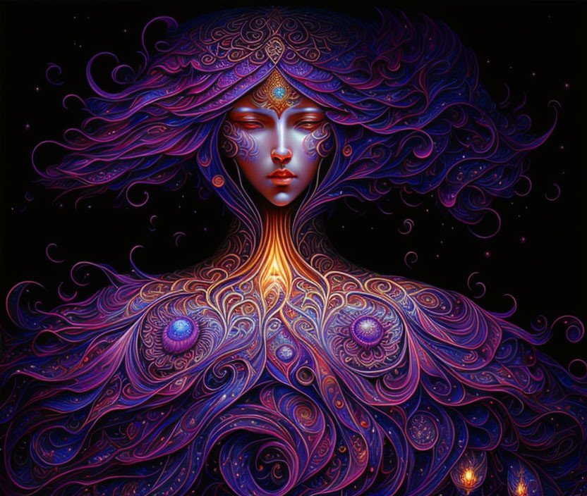 Vibrant digital artwork of mystical woman with intricate purple and blue patterns