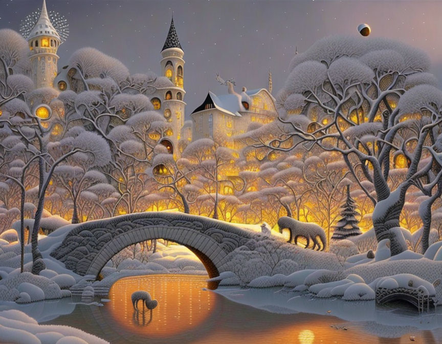 Fantasy Winter Landscape with Stone Bridge, Castles, and Sheep