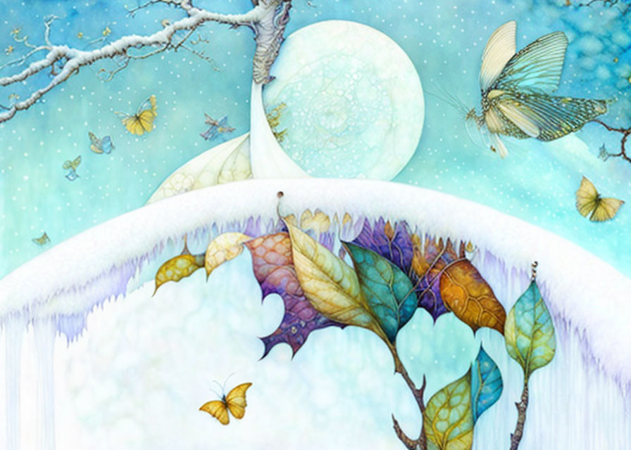 Snowy landscape with colorful leaves, butterflies, and glowing moon in starry sky