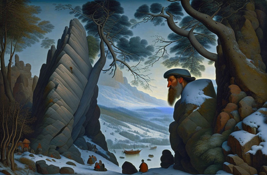 Bearded man in historical attire in snowy landscape with rocky formations and people in background