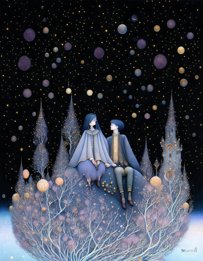 Fantastical tree scene with two characters under starry sky