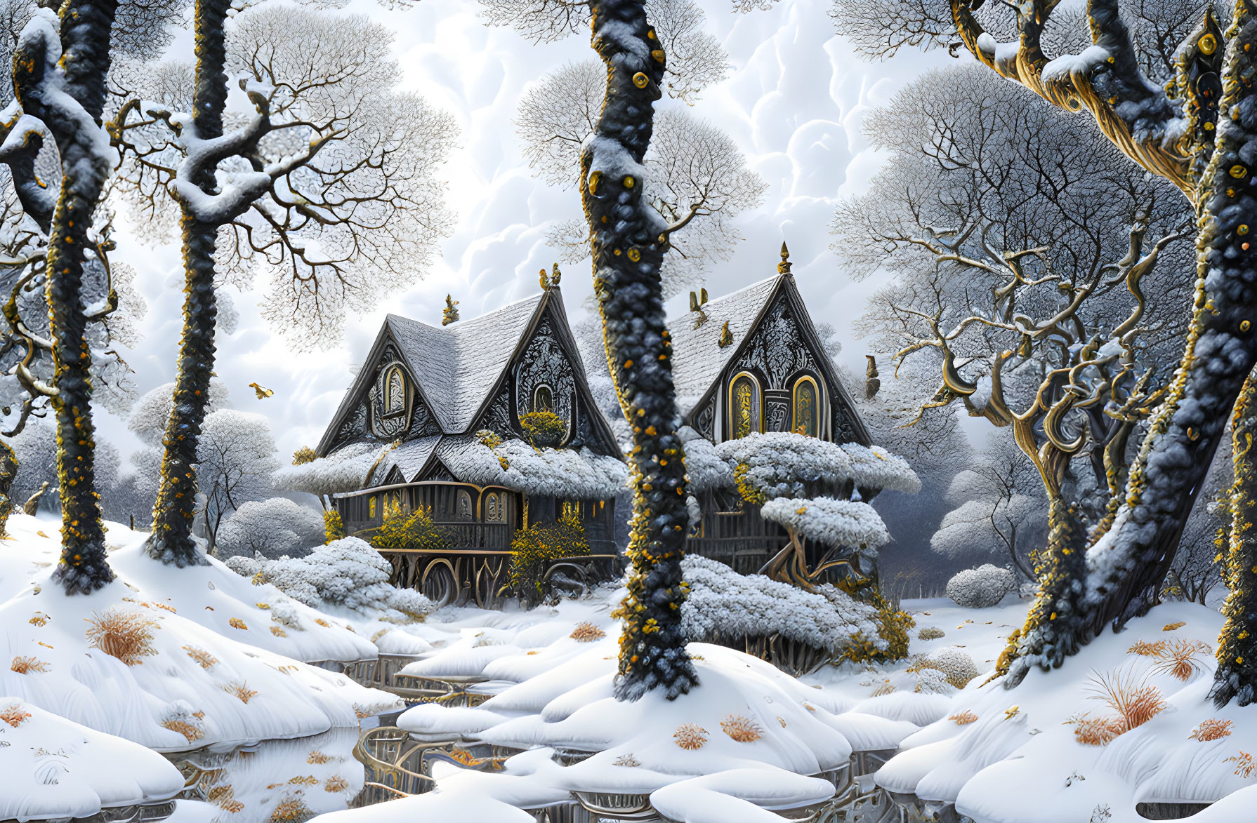 Snowy Winter Landscape with Charming House and Trees