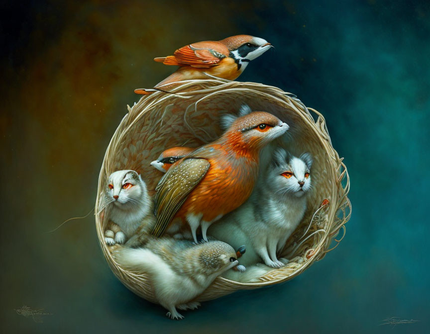 Illustration of furry creatures with bird-like traits nesting in a woven basket