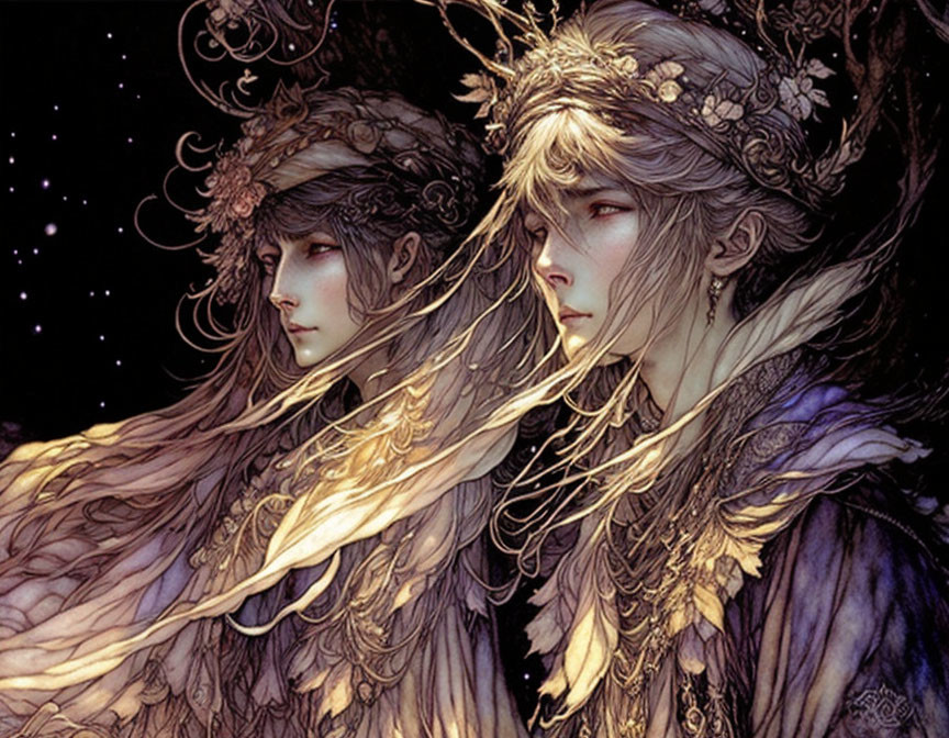 Ethereal figures with elaborate headdresses in gold and violet against starry night.