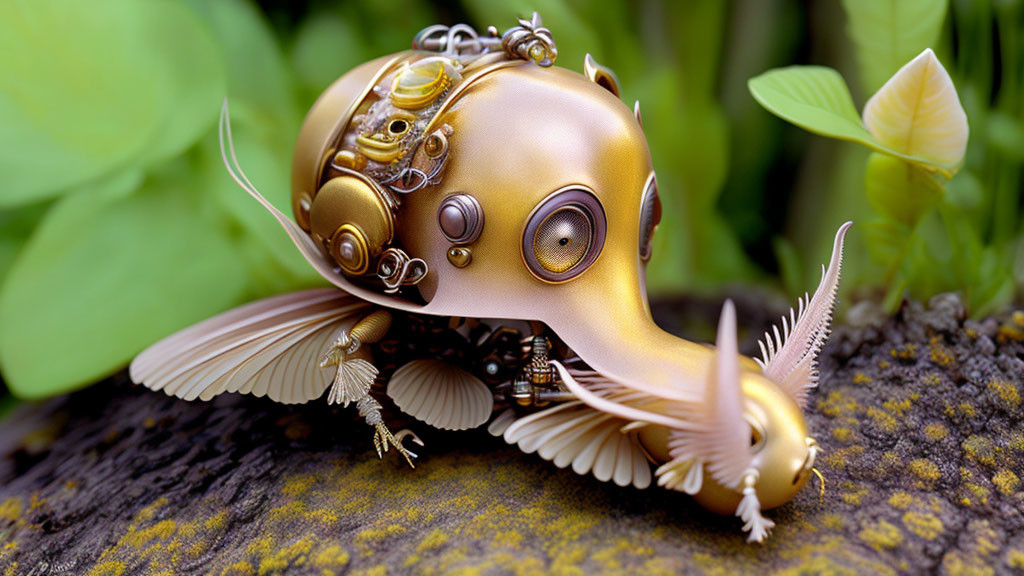 Steampunk-inspired mechanical snail with brass gears and wings on green background