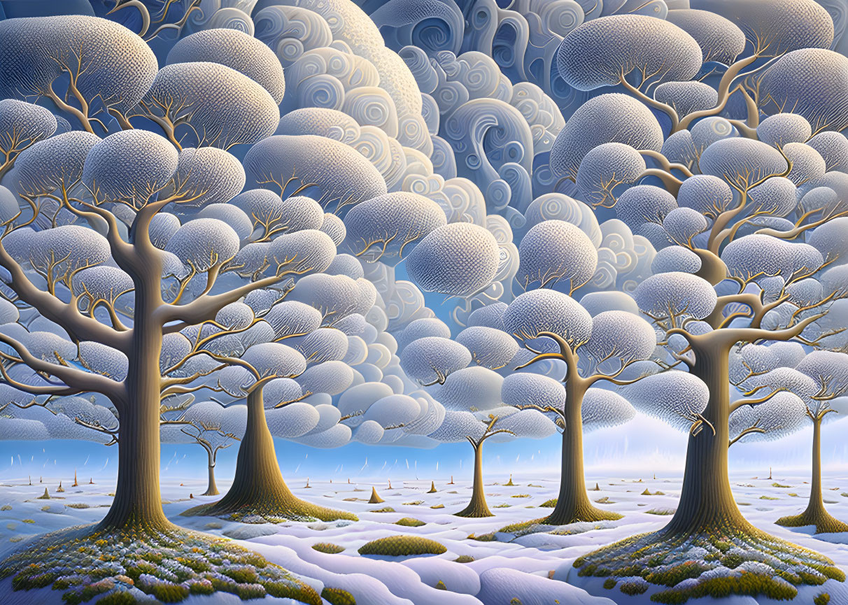 Surreal landscape with round-canopied trees on snowy terrain