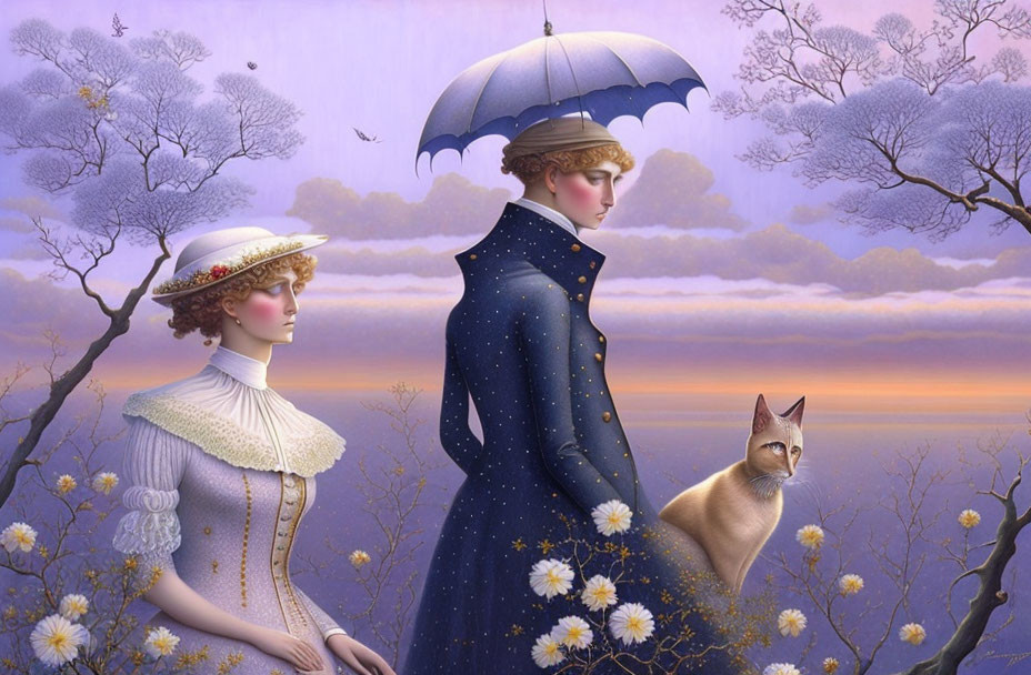 Victorian-style figures with umbrella in serene sunset landscape