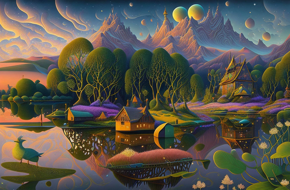 Colorful surreal landscape with stylized trees, mountains, moons, lake, houses, and peacock