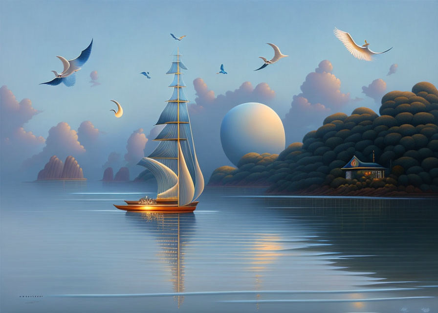 Tranquil digital artwork: sailboat, calm waters, moon, birds