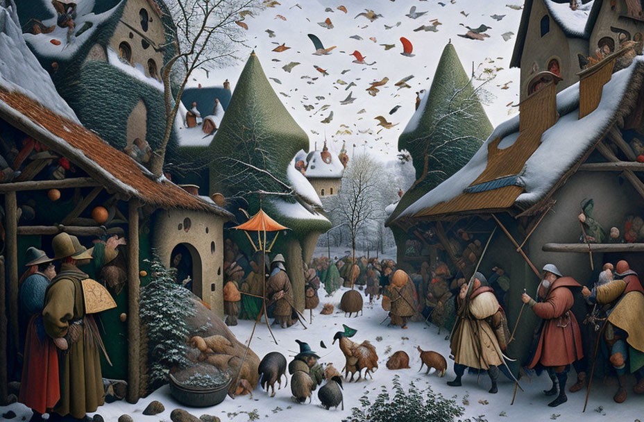 Medieval winter village scene with townsfolk, animals, snow, and activity.