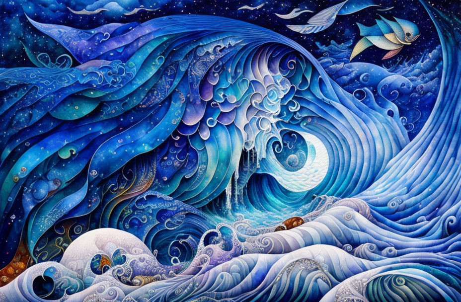 Colorful Ocean Wave Artwork with Fish, Lighthouse, and Starry Sky