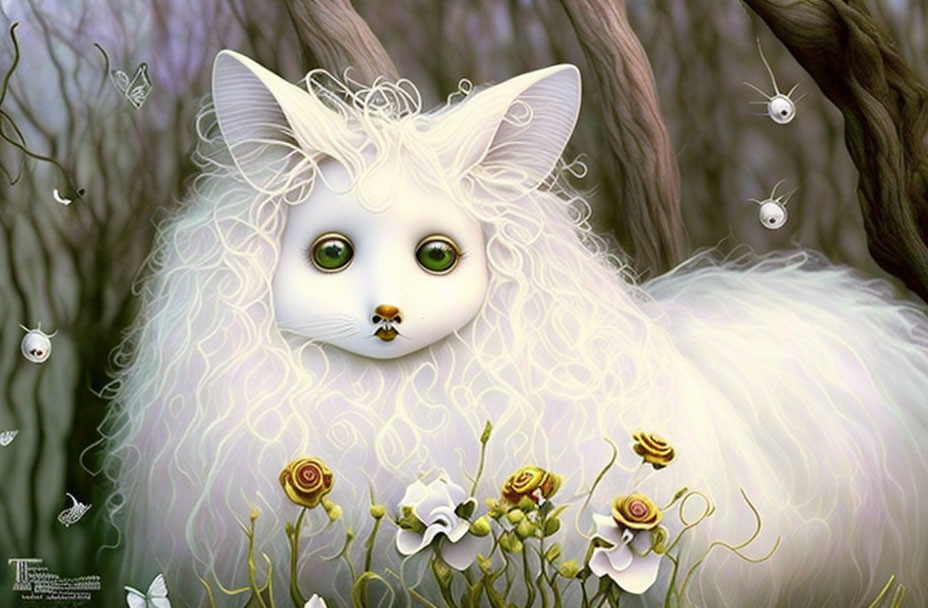 Whimsical digital illustration of fluffy cat with green eyes and butterflies