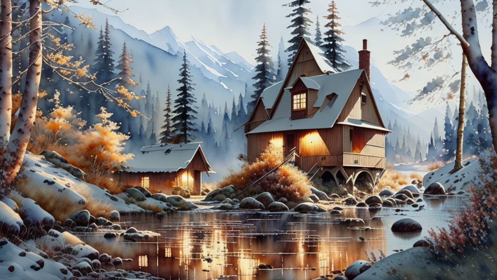 Tranquil autumn scene with cottage, lake, trees, and mountains