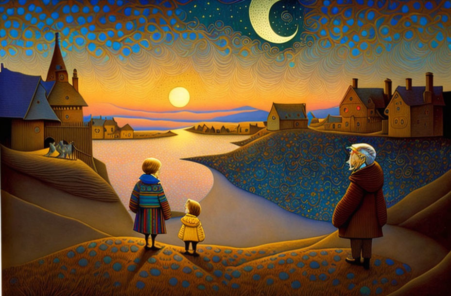 Stylized painting of three figures in moonlit village