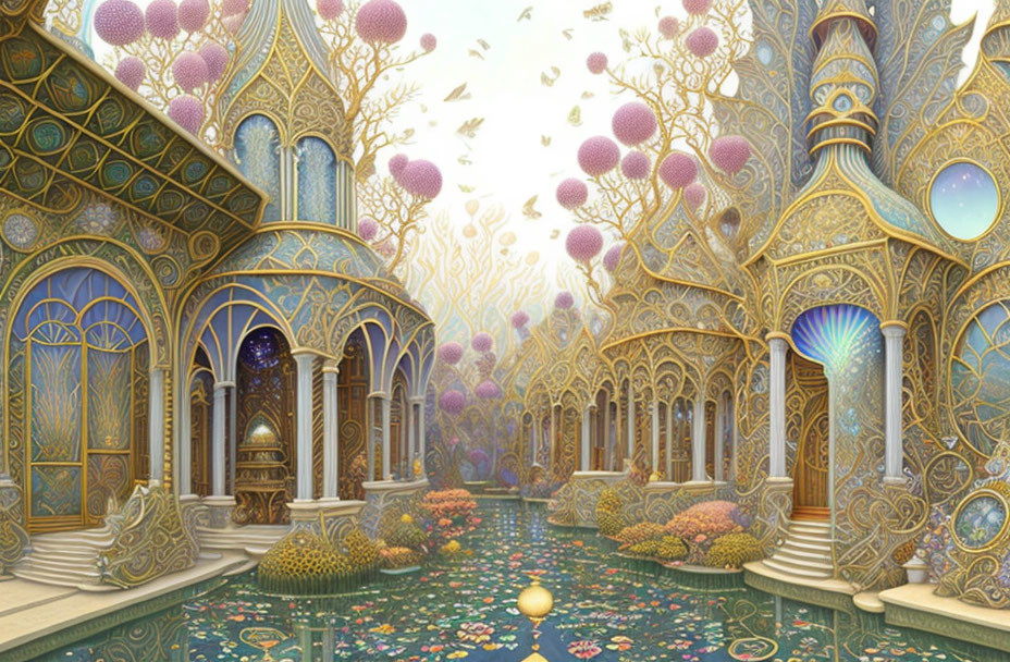 Fantasy palace with golden arches, floating trees, water pathway, whimsical sky