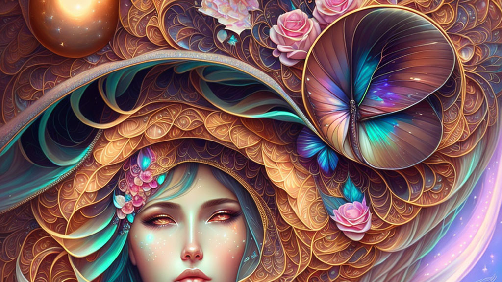 Colorful Artwork: Stylized Female Figure with Floral & Cosmic Motifs