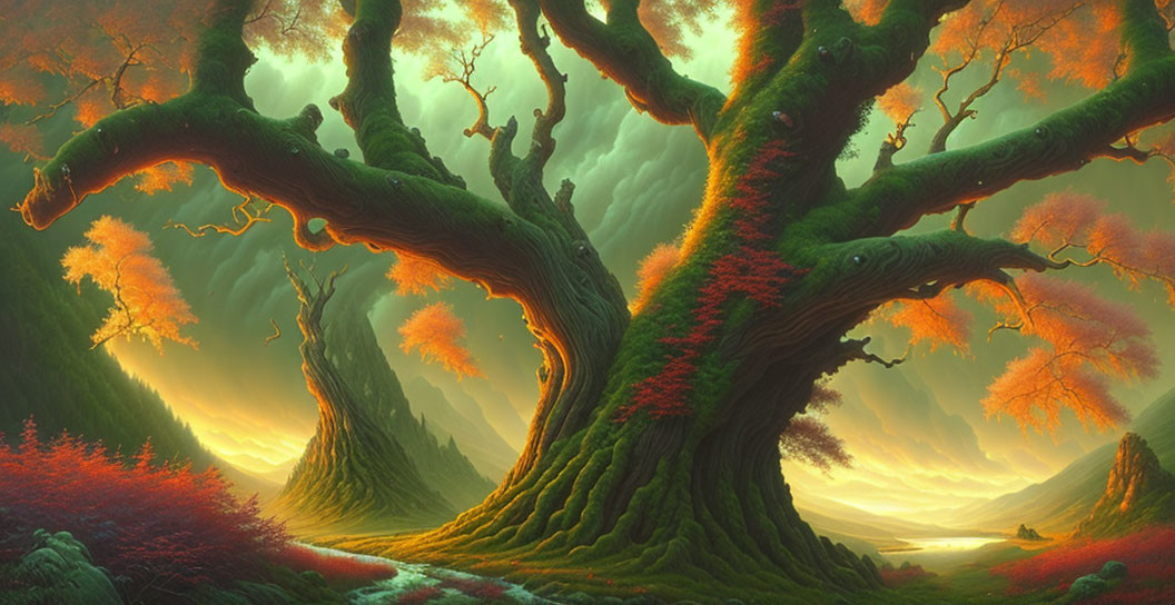 Ancient trees in verdant landscape under vibrant sunset sky