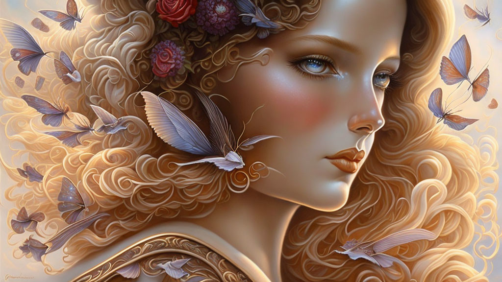 Woman with curly golden hair and flowers, surrounded by butterflies in digital art