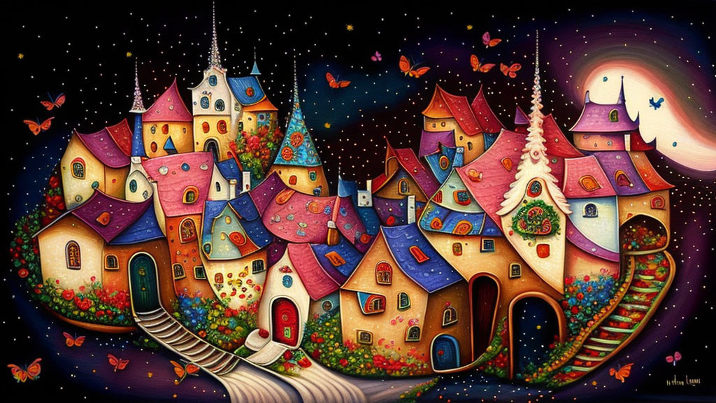 Whimsical, colorful village with vibrant houses, starry sky, moon, and butterflies