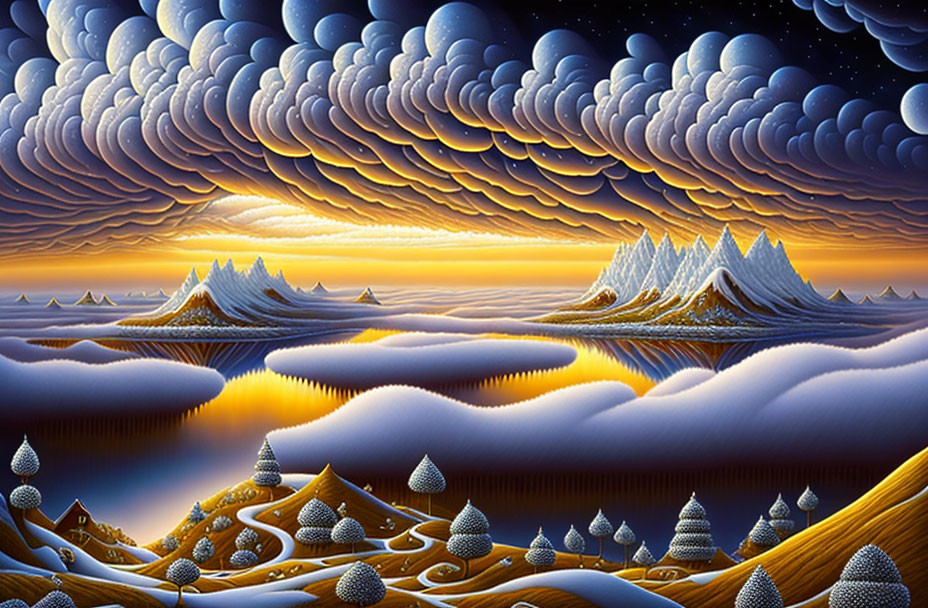 Surreal landscape with cloud-patterned skies and rolling hills