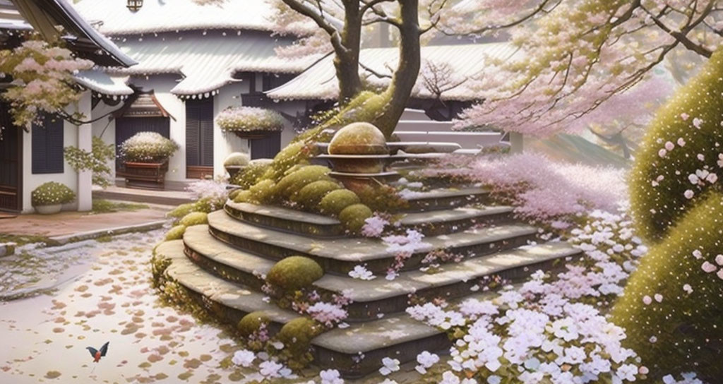 Traditional Japanese building with cherry blossoms and moss-covered steps