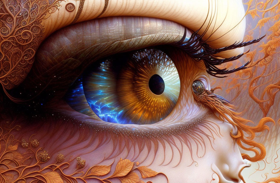 Elaborate human eye art with vivid colors & intricate patterns