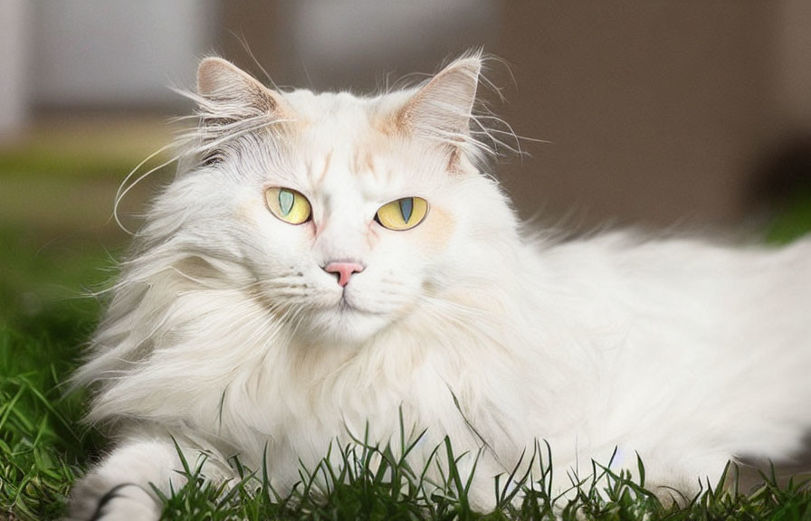 White Long-Haired Cat with Yellow Eyes Resting in Grass