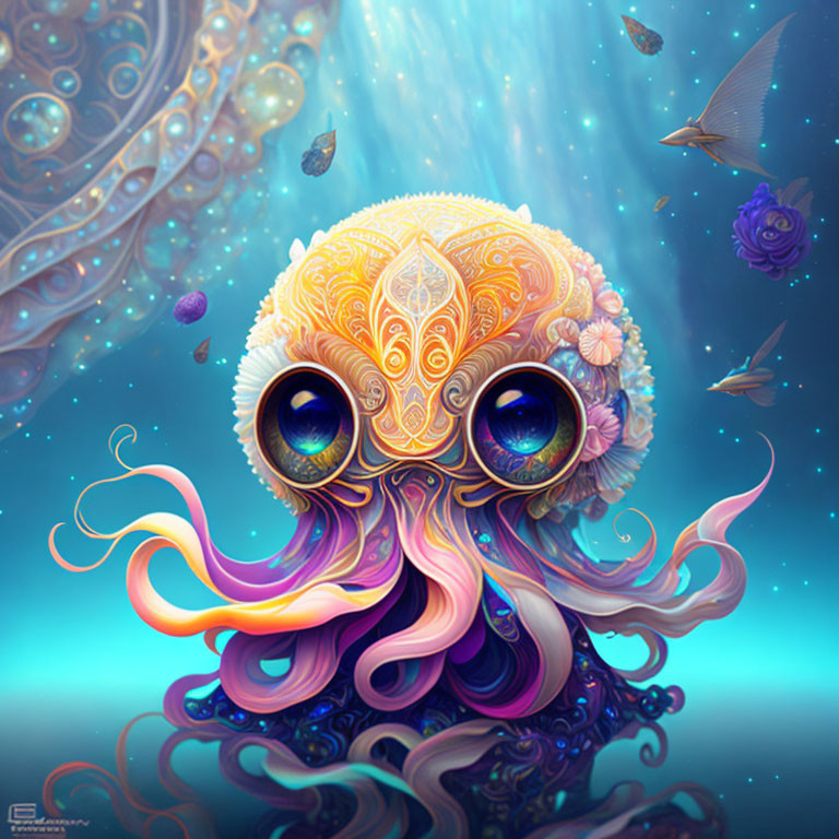 Colorful Stylized Octopus with Galactic Background