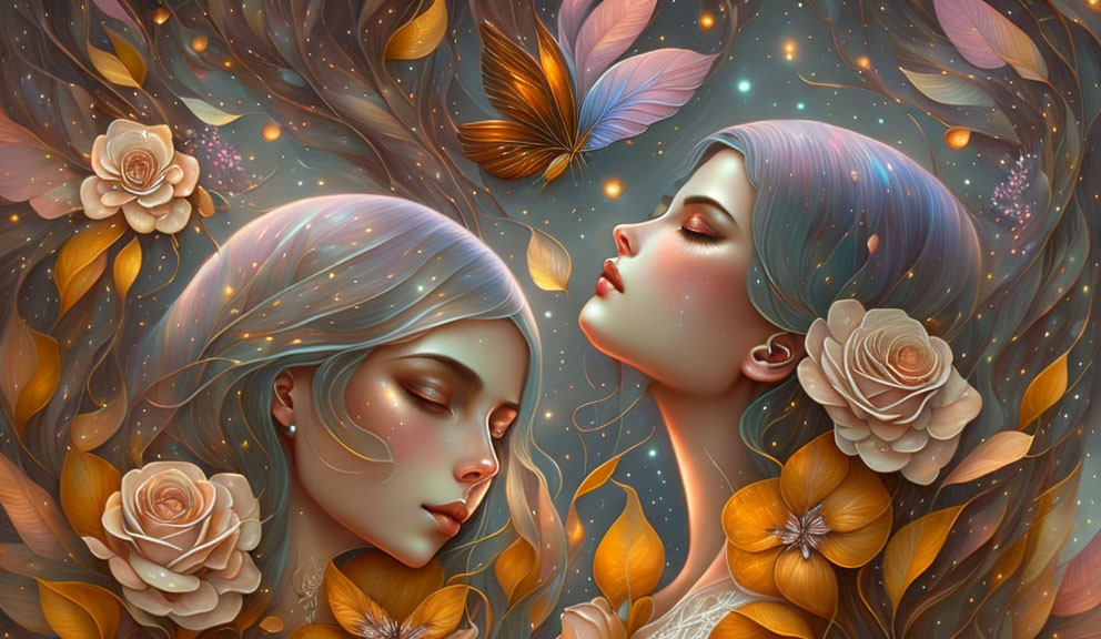 Stylized women with pastel hair in serene setting