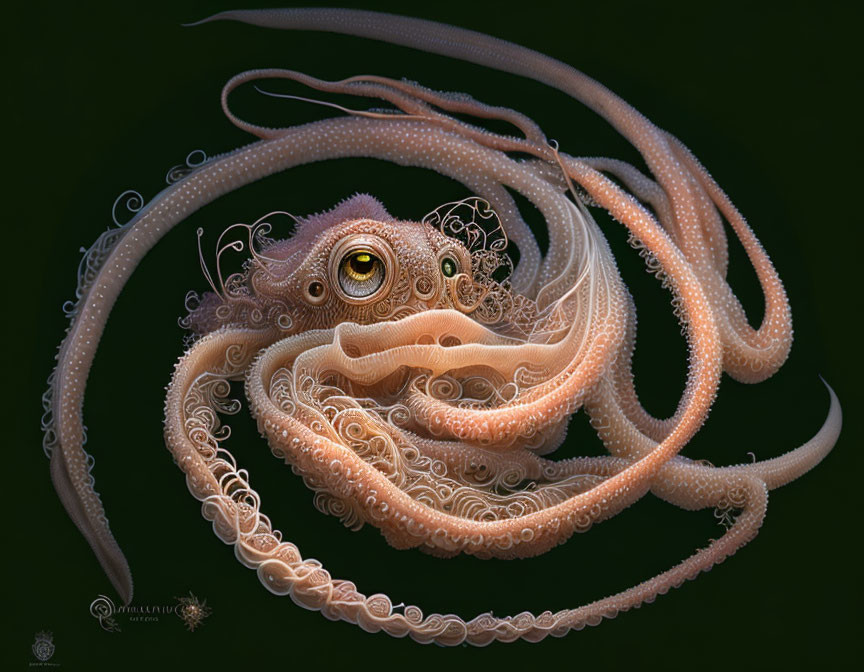 Detailed fantastical octopus illustration with swirling tentacles & ornate patterns