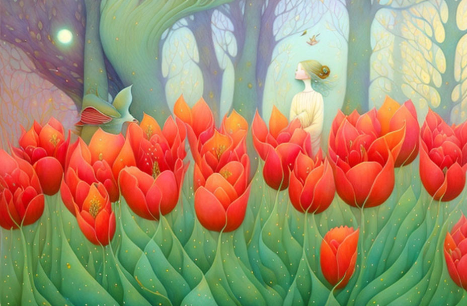 Person surrounded by red tulips in mystical forest with light orbs and butterfly