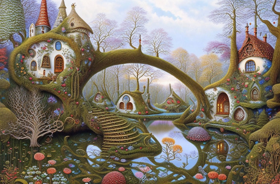 Whimsical tree houses in a fantasy landscape with reflective ponds and colorful flora