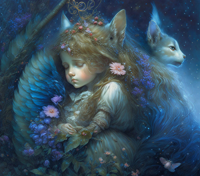 Child with angelic wings sleeping peacefully with mystical fox in fantasy illustration