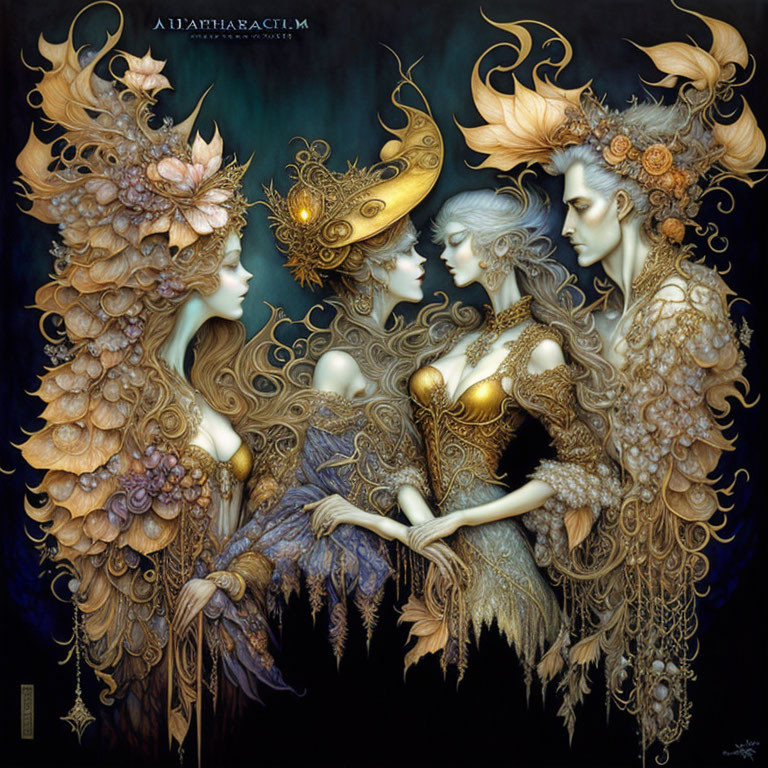 Ethereal figures with golden headpieces and feathers on dark background