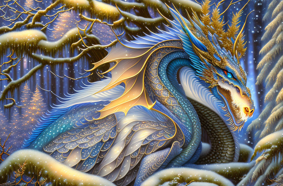 Blue dragon with golden details in snowy forest landscape