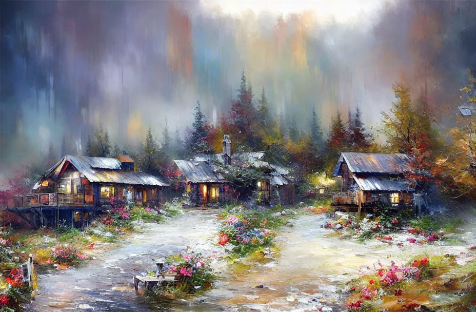 Rustic village painting with cozy houses and vibrant flowers