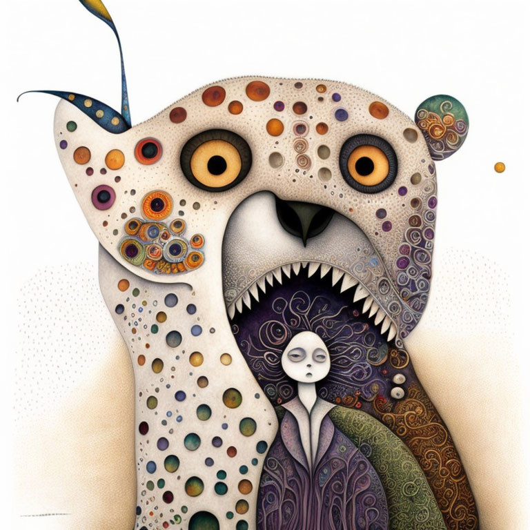 Colorful Stylized Owl Illustration with Human-Like Figure