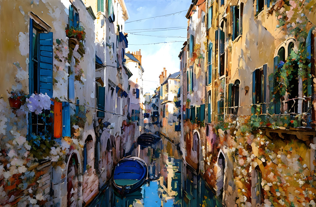 Colorful Venice-Like Canal with Flowers and Boats