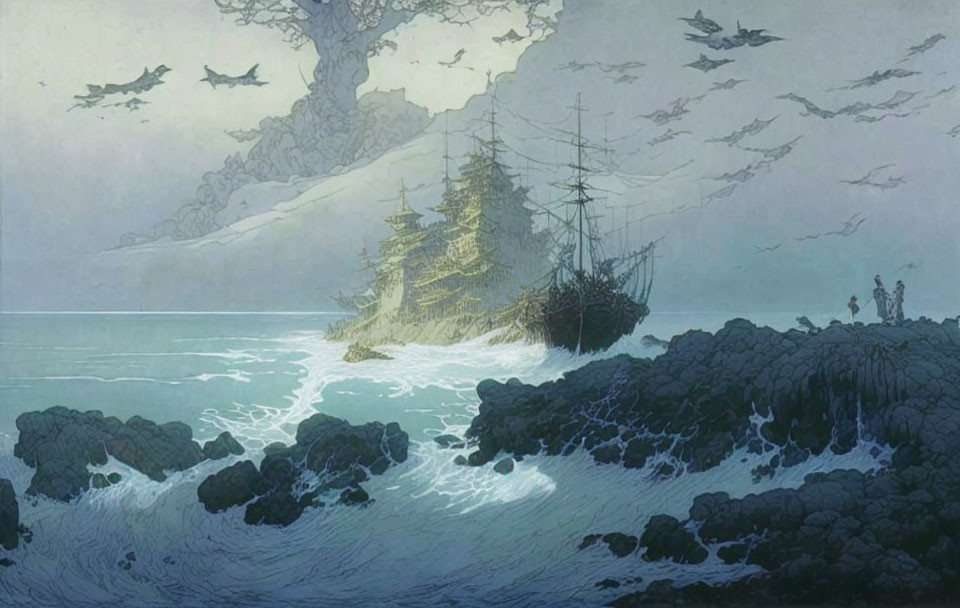 Illustration: Two people on rocky shore with ghostly shipwreck, tree, and flying creatures