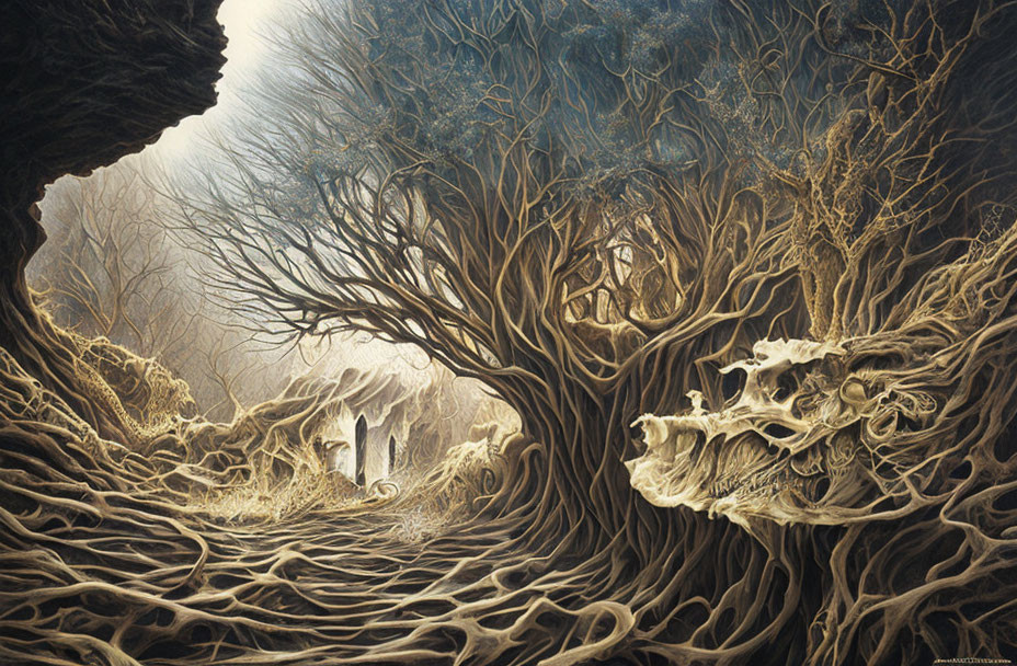 Detailed painting of mystical forest with gnarled trees and ethereal buildings