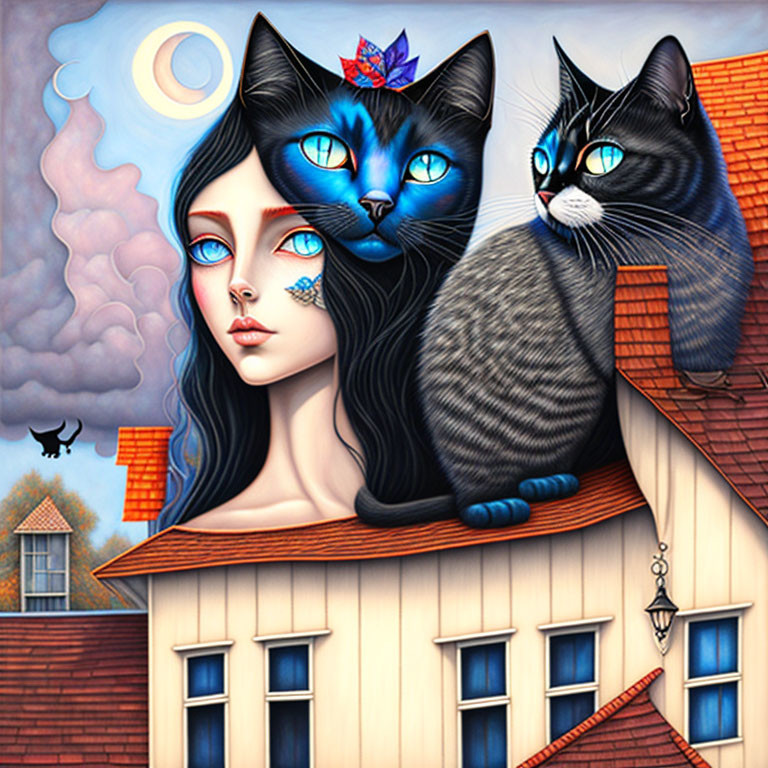 Surreal illustration of woman with catlike features and blue eyes merged with cats in whimsical rooftop