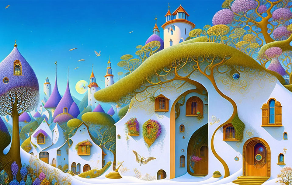 Colorful whimsical landscape with fantastical architecture under multiple moons and suns