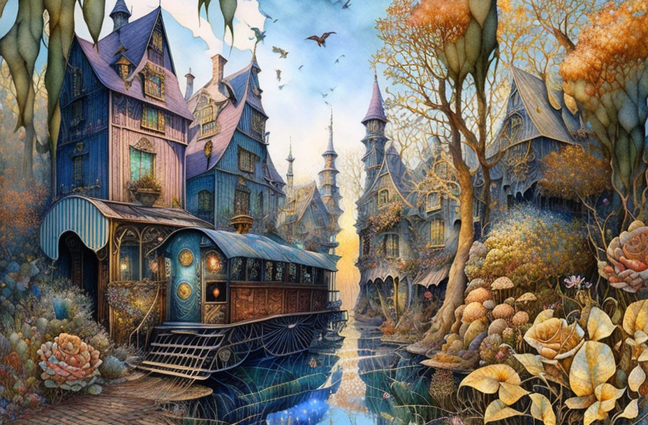 Whimsical fantasy village with magical train and vibrant flora