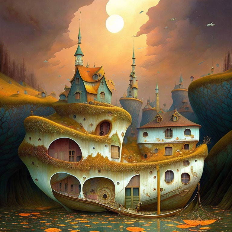 Surreal ship with building-like structures on tranquil orange water under twilight sky