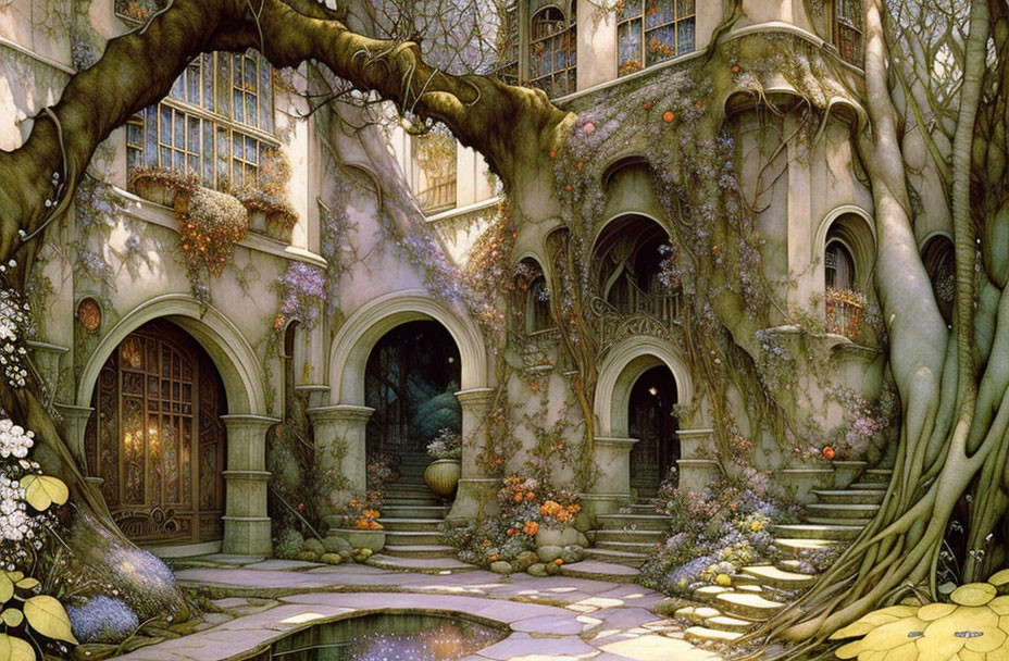 Enchanting forest house with arched doorways, ivy, flowers, and staircases